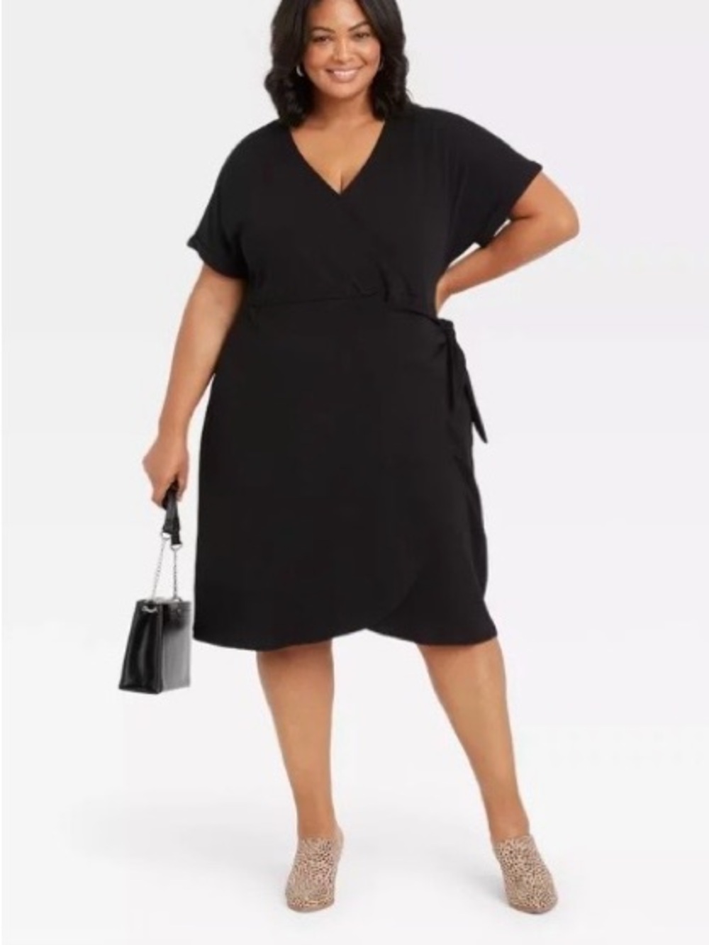 Ava & Viv Black Faux Wrap V-Neck Midi Dress